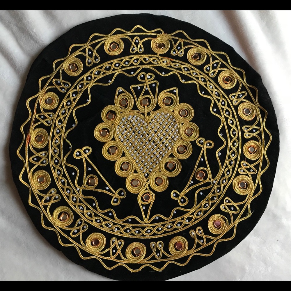 Embroidered Black Round Decorative Accent - Gold Heart Motif